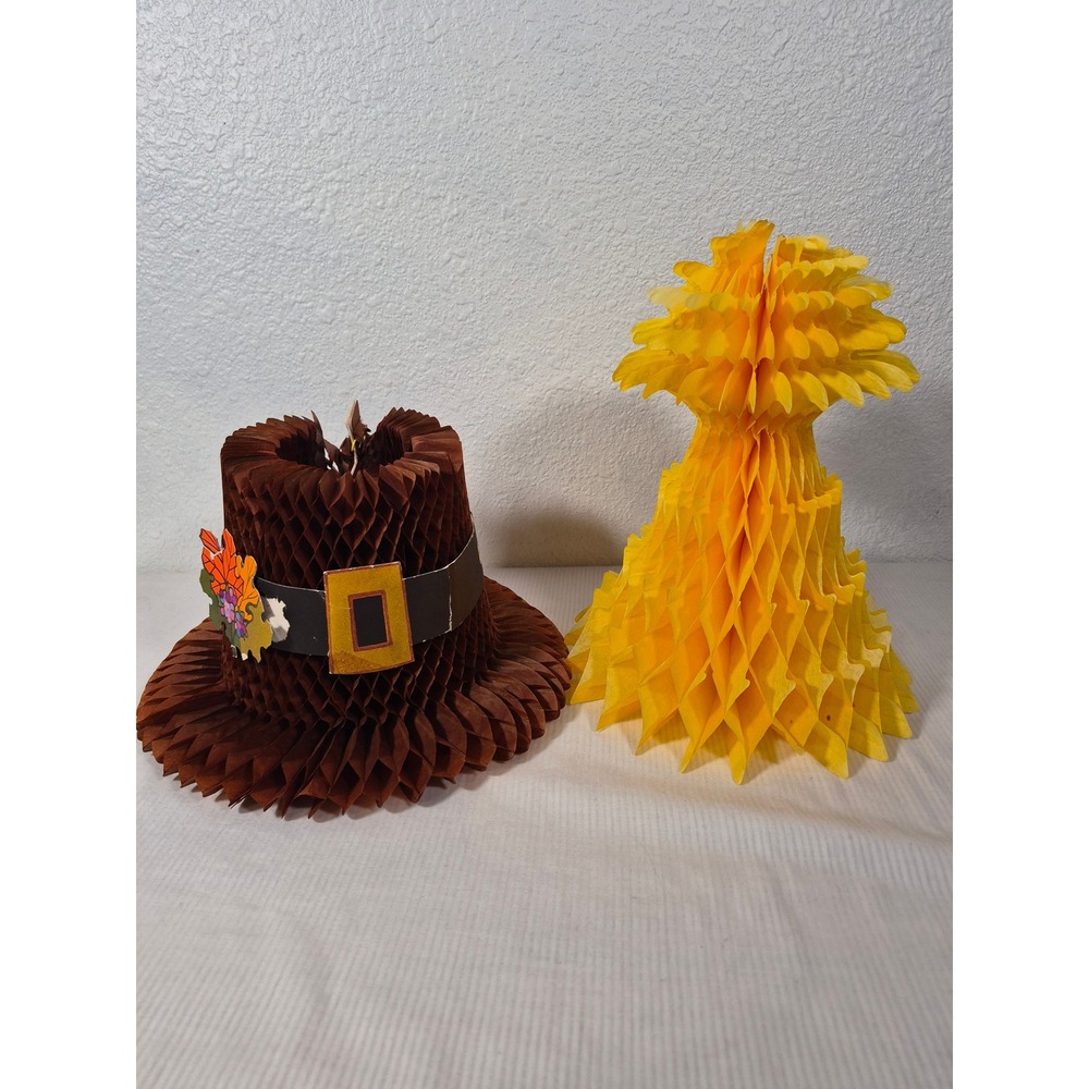 Vintage Honeycomb Paper Thanksgiving Decorations Pilgrim Hat Wheat Sheaf Set